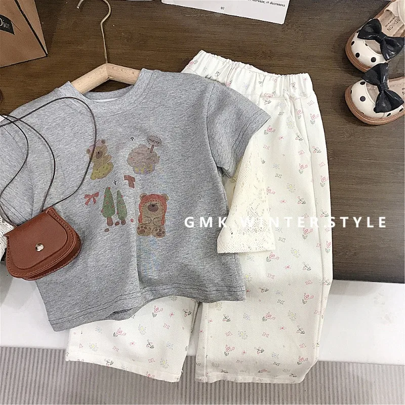 くまプリントレースレイヤードTシャツパンツセットアップ