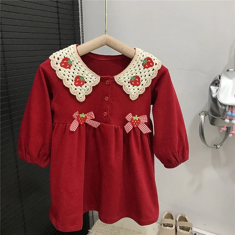 スイートいちご刺繍襟リボン長袖ワンピース