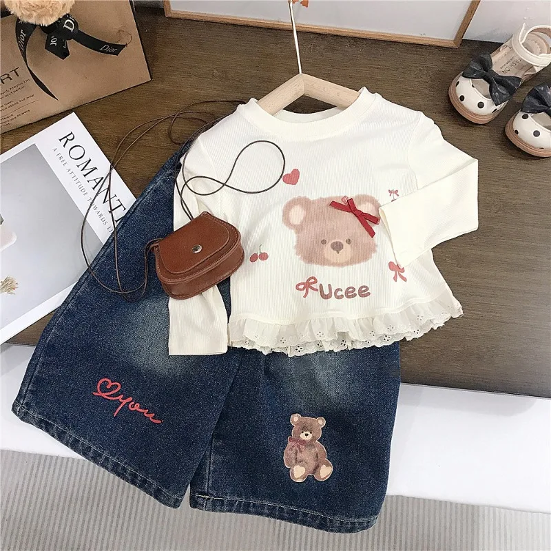 くまプリントフリルTシャツデニムセットアップ