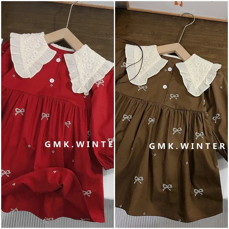 キラキラリボン刺繍レース襟長袖ワンピース