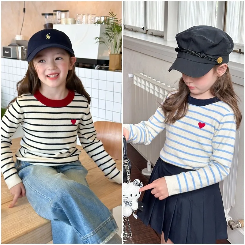 ハート刺繍ストライプ長袖ニットトップス