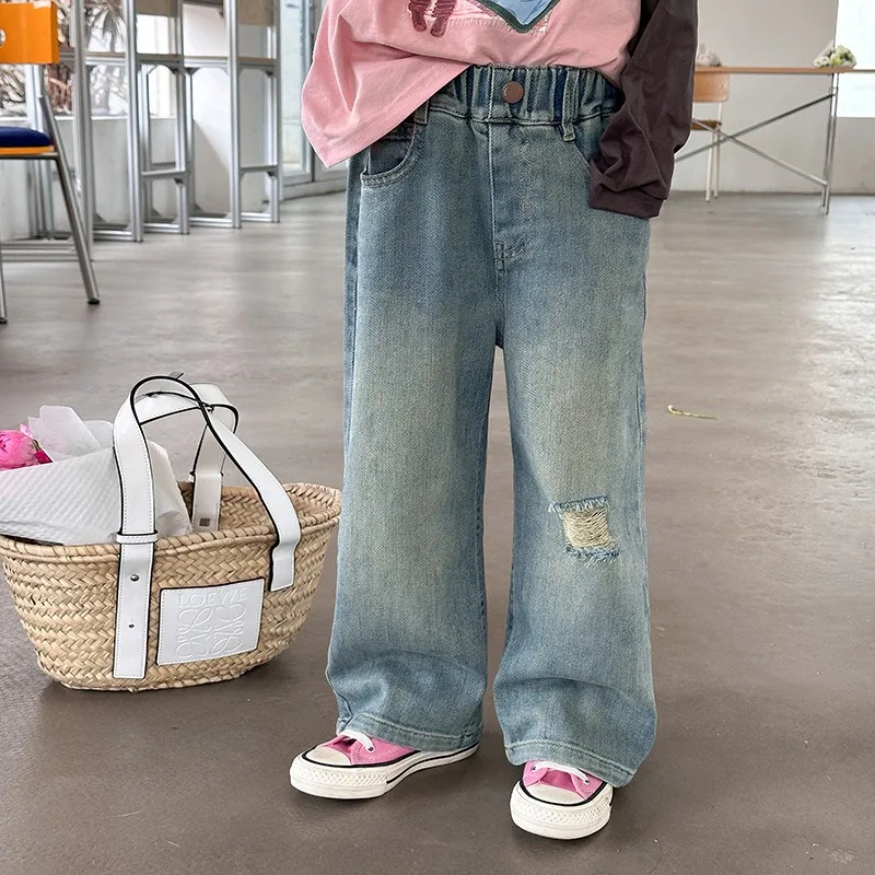ヴィンテージ風ダメージストレートデニムパンツ
