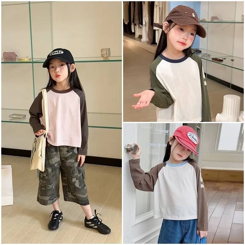 ナンバー5プリント配色ラグラン長袖Tシャツ