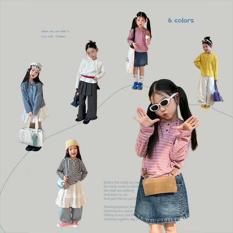 【KID】2ボタン配色ストライプ長袖フードTシャツ