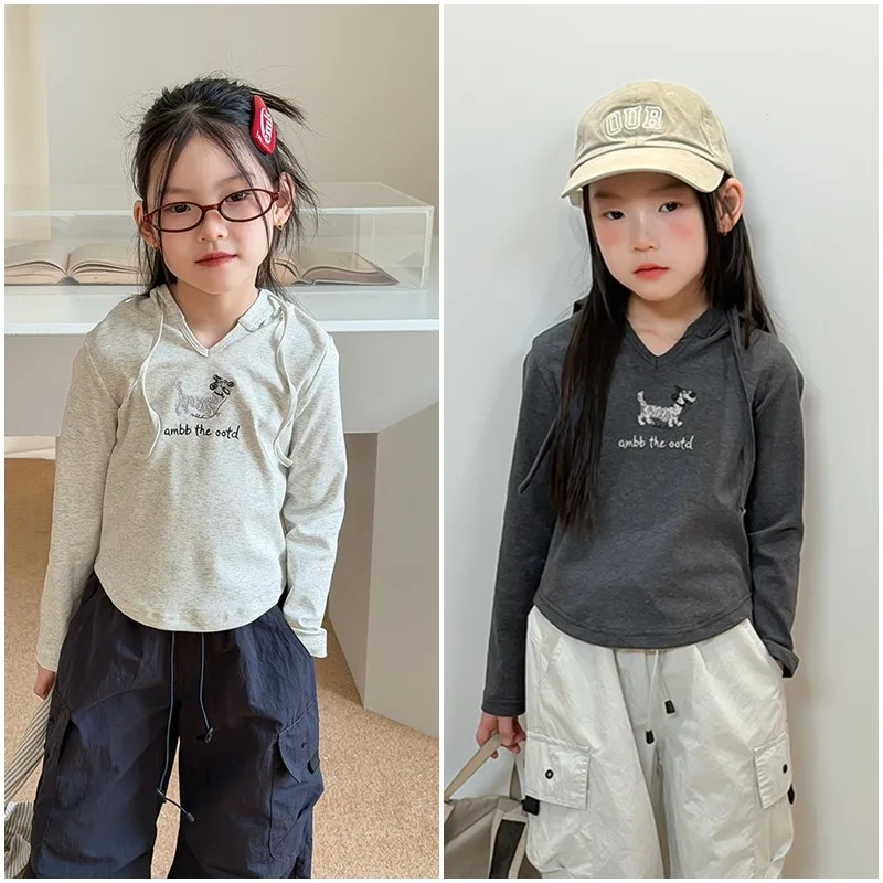 キュートいぬ刺繍フーディ長袖Tシャツ
