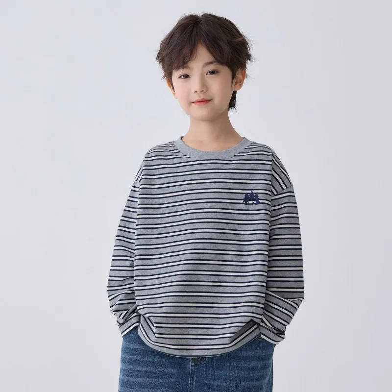 グレーストライプ長袖クルーネックTシャツ
