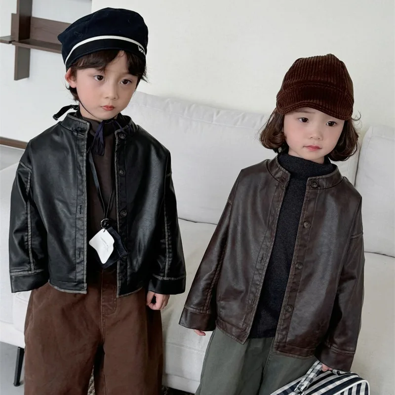 フェイクレザースタンドカラーレトロジャケット