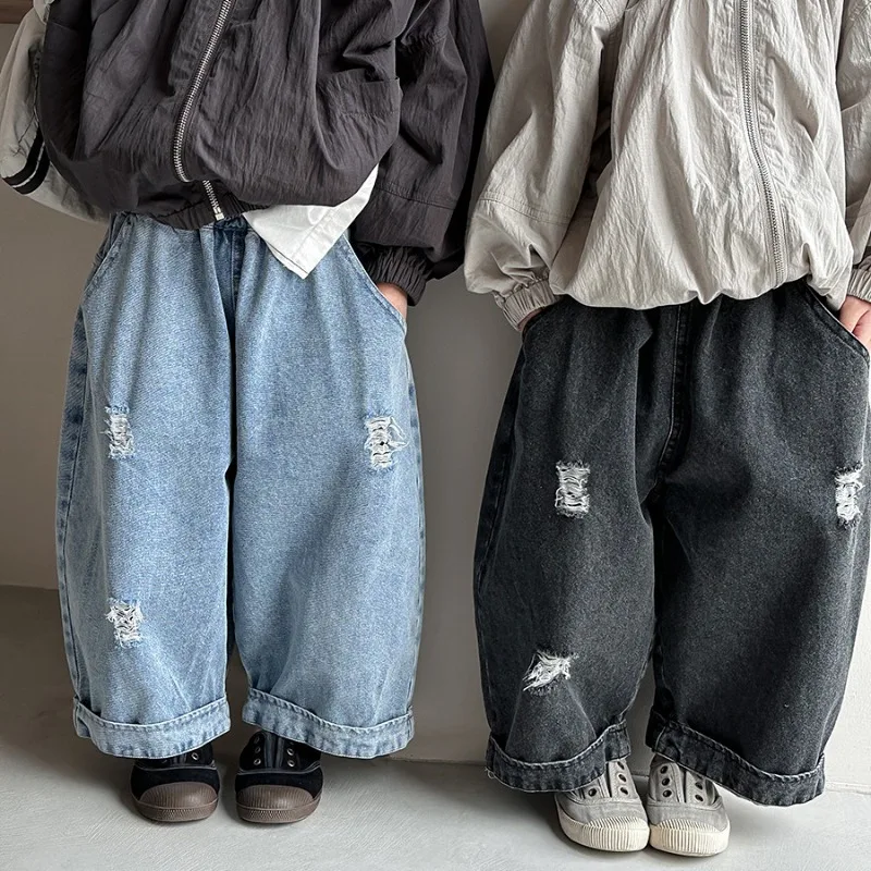ヴィンテージ風クラッシュワイドデニムロングパンツ