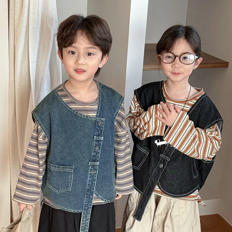 アシンメトリーデザインフロントボタンデニムベスト