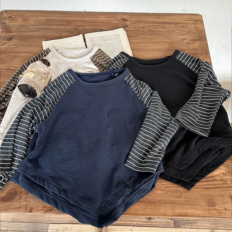 ストライプ配色ラグラン長袖アンバランスTシャツ