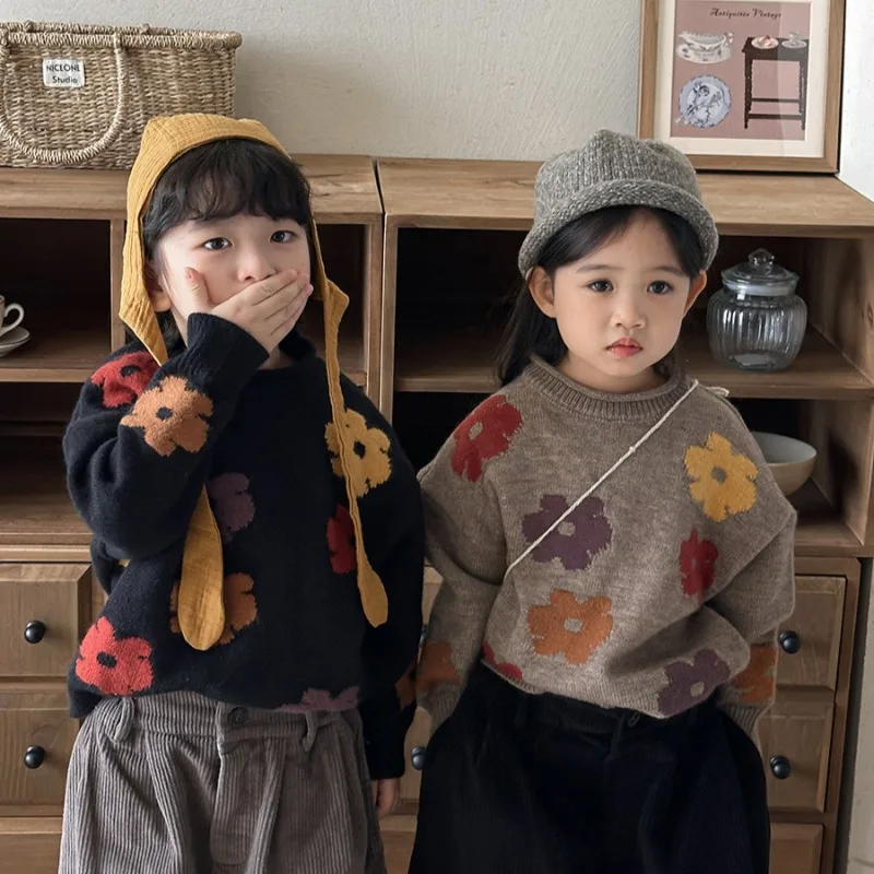 レトロビッグフラワー長袖ニットセーター