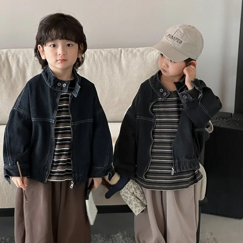 【KID】配色ステッチスタンドカラーデニムジャケット