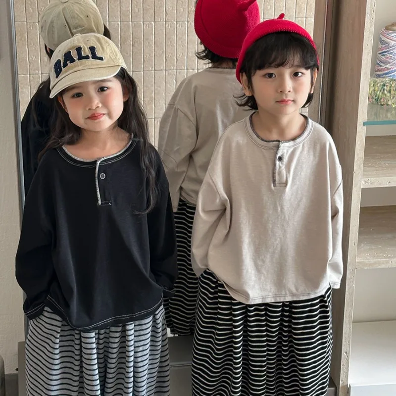 【KID】ステッチデザインヘンリーネック長袖Tシャツ