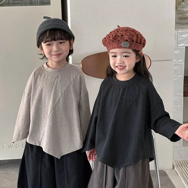 アシンメトリー斜め切替Vラインイレギュラーヘム長袖Tシャツ