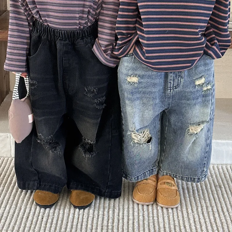 ヴィンテージ風ダメージ加工ルーズワイドデニムパンツ