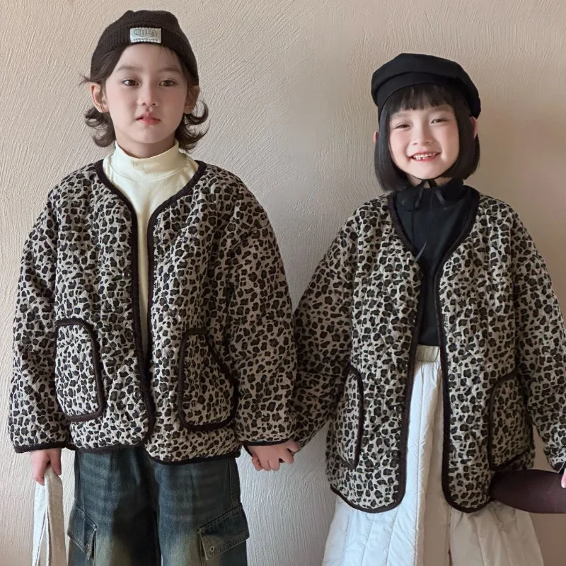 レオパードキルティングノーカラー中綿ジャケット