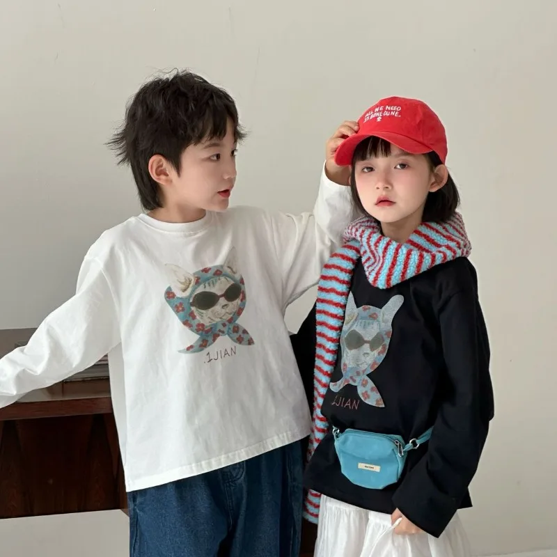 サングラスキャットプリント長袖Tシャツ