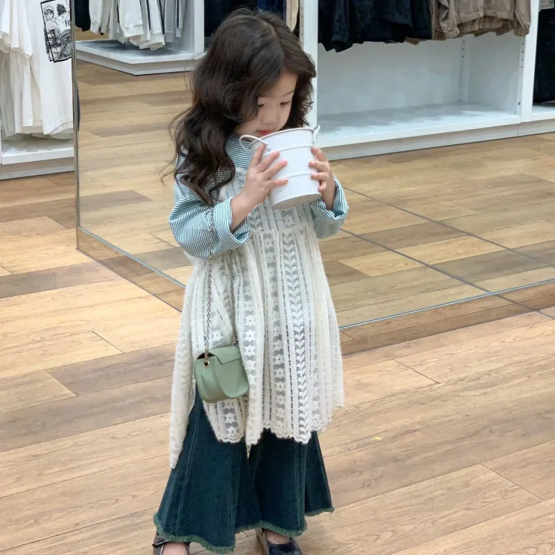 ストライプTシャツレースワンピースデニム3点セット