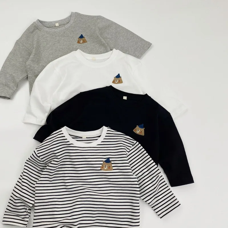 帽子くま刺繍ワッペン長袖Tシャツ