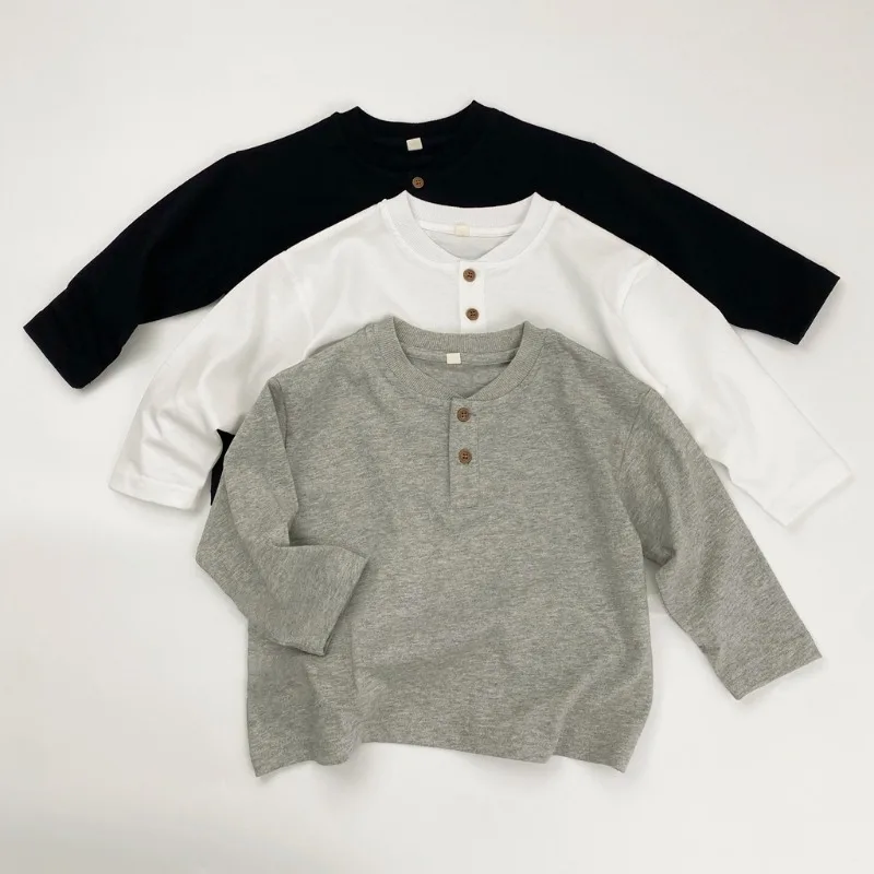 【KID】シンプルボタンヘンリーネック長袖Tシャツ