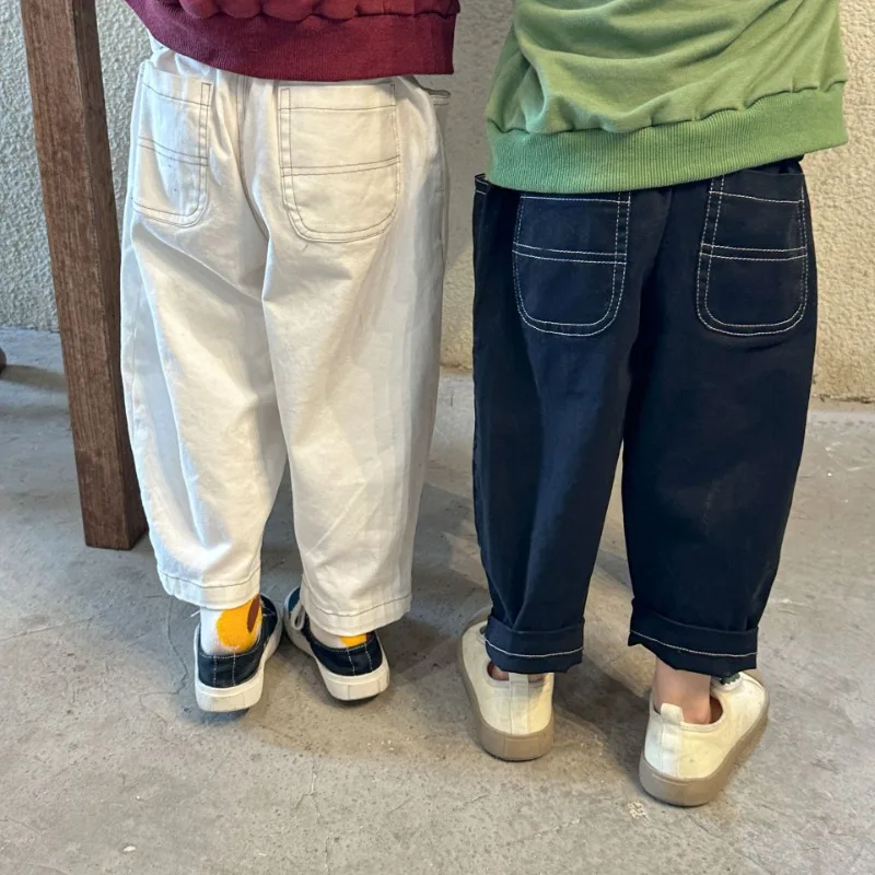 ステッチ配色ウエストゴムコットンロングパンツ