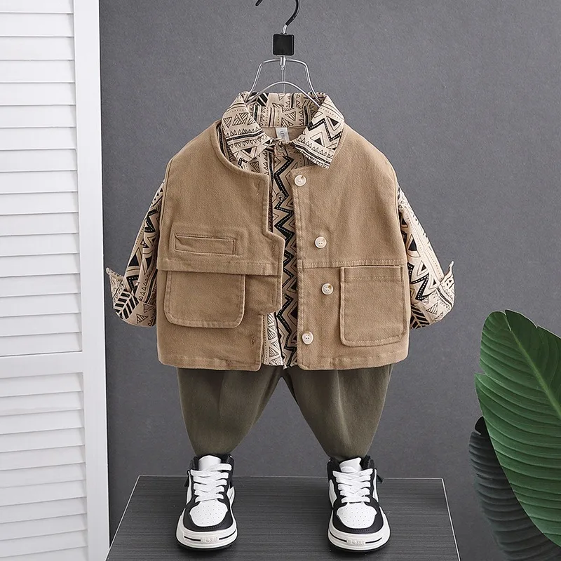ベスト幾何学柄シャツロングパンツ3点セット