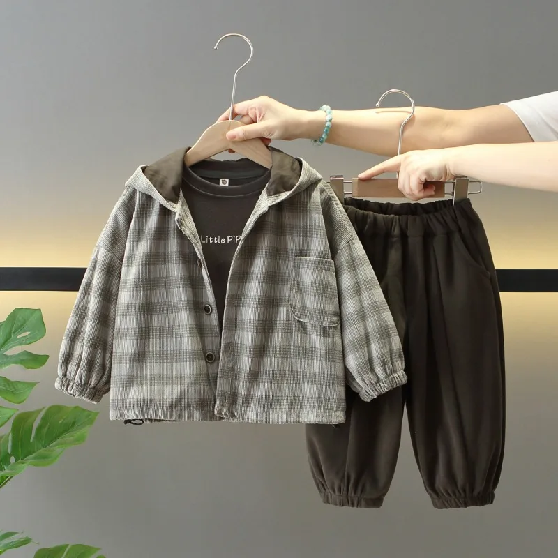 チェックフードジャケットTシャツロングパンツ3点セット