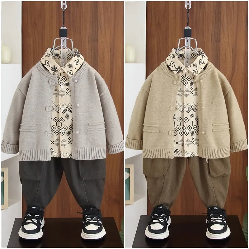 総柄シャツカーディガンロングパンツ3点セット