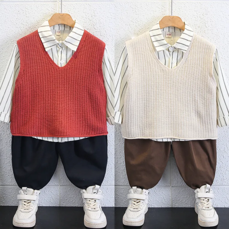 ストライプシャツニットベストパンツ3点セット