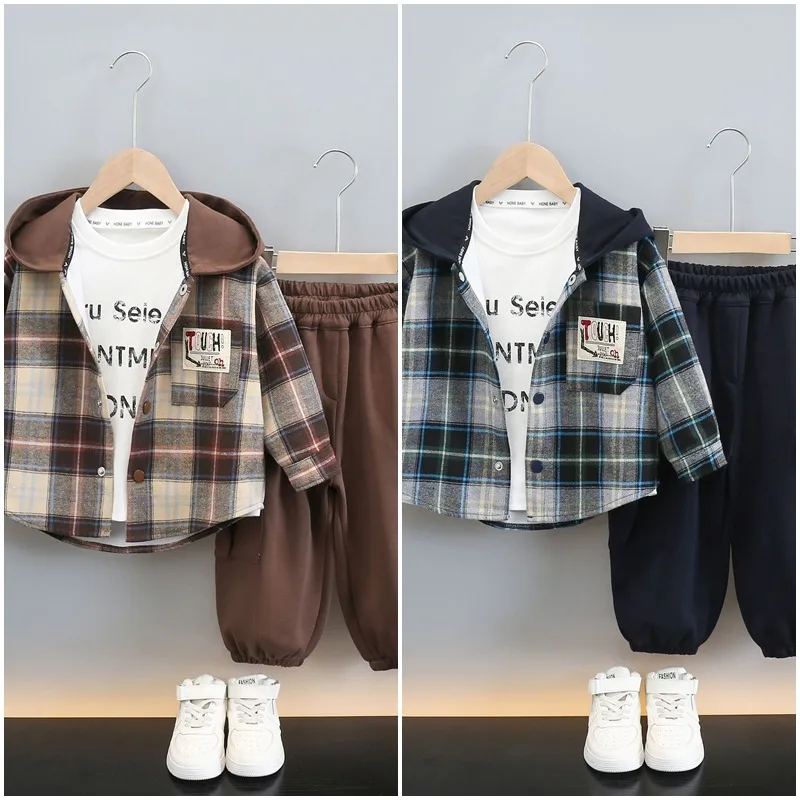 【セット】チェックフーディシャツ長袖Tシャツパンツ3点セット