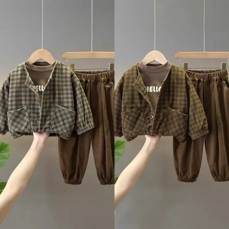 チェックジャケットロゴTシャツロングパンツ3点セット