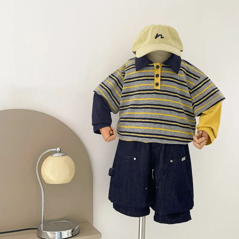 配色ストライプレイヤード風ポロ襟Tシャツ