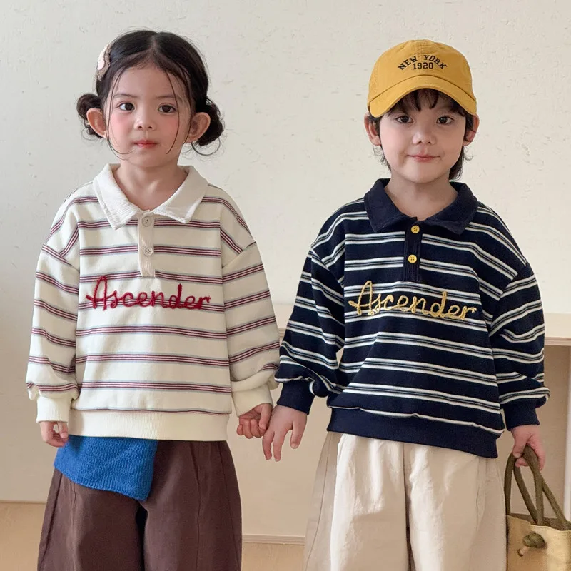 ロゴ刺繍ストライプ襟付き長袖ポロトップス