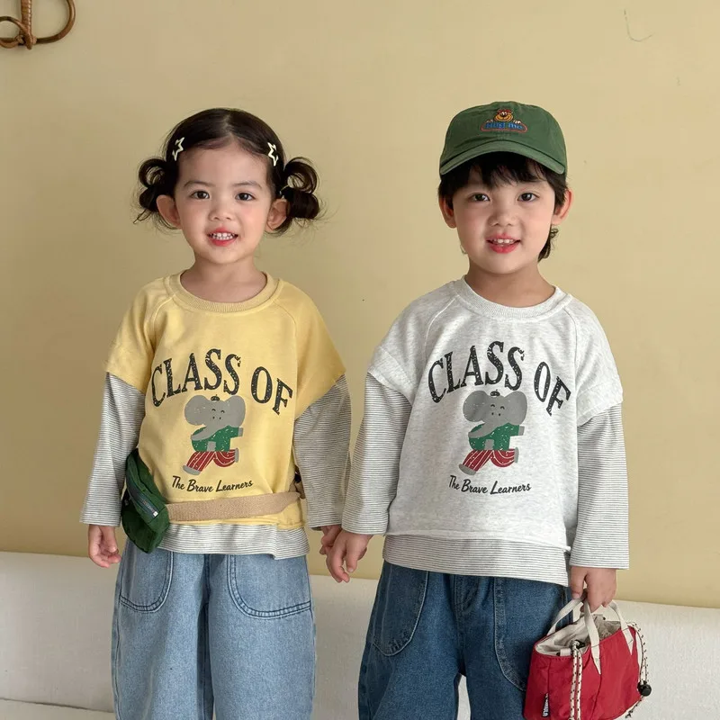 ストライプフェイクレイヤードゾウプリント長袖Tシャツ