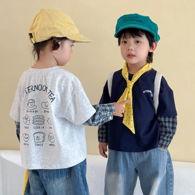 チェックレイヤード風モーニンググローリー長袖Tシャツ