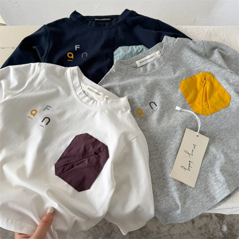 【KID】配色ポケット英字プリントラウンドネック長袖Tシャツ