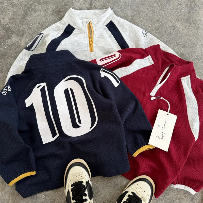 配色ワッフルバックロゴハーフジップTシャツ