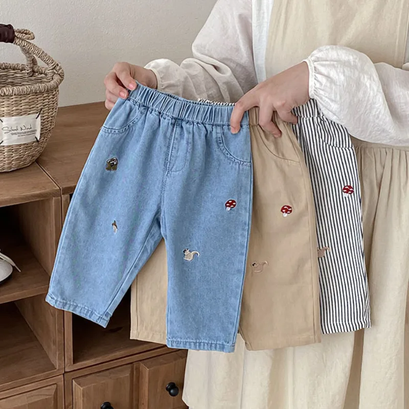 きのこねこ刺繍ストライプデニムストレートパンツ