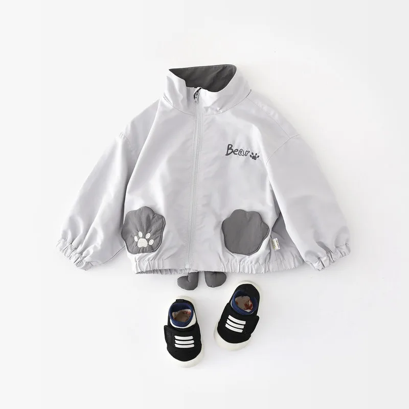 グレーくま足跡ポケットジップアップジャケット