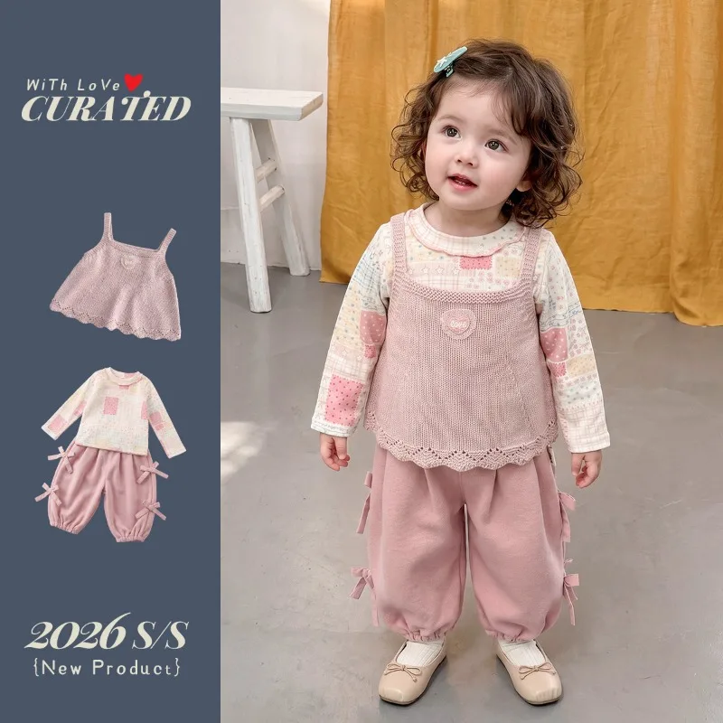 【セット】ハートニットベストパッチワークTシャツリボンパンツセットアップ