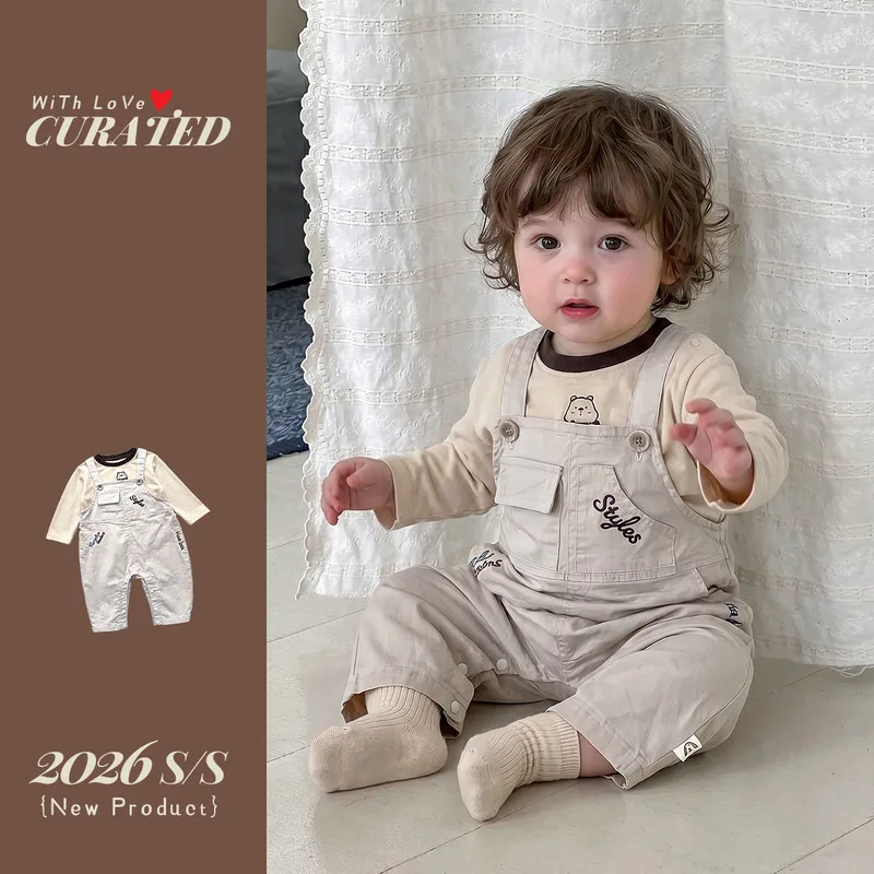 くまプリント長袖Tシャツサロペットロンパースセット