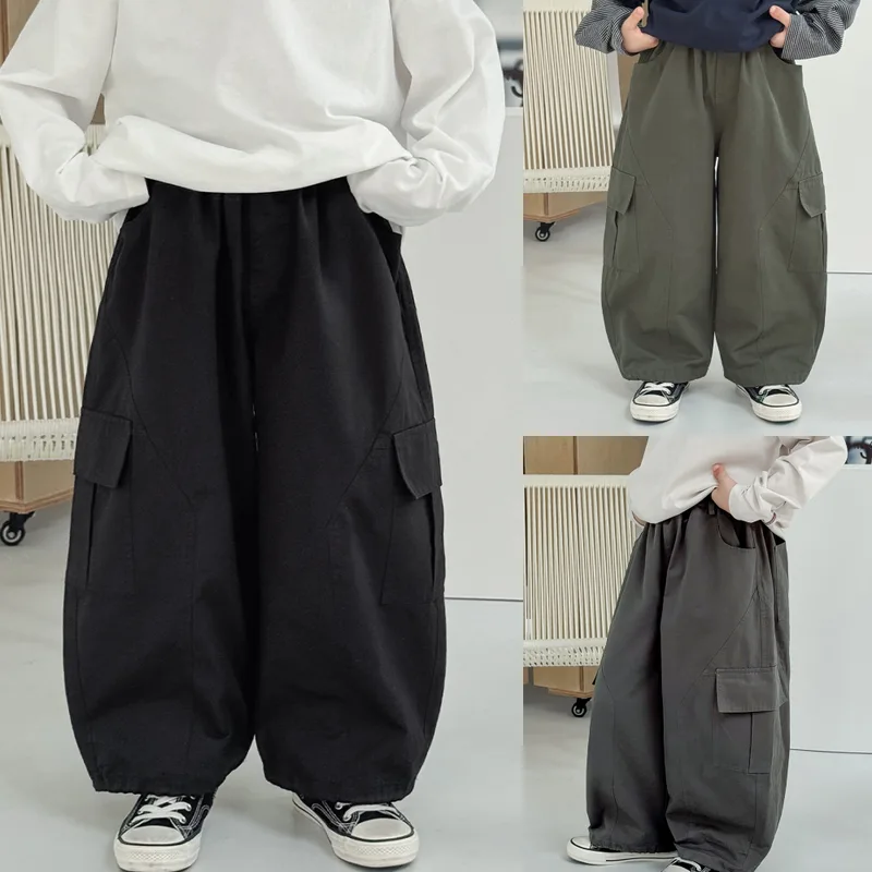 サイドポケットカジュアル無地ワイドカーゴパンツ