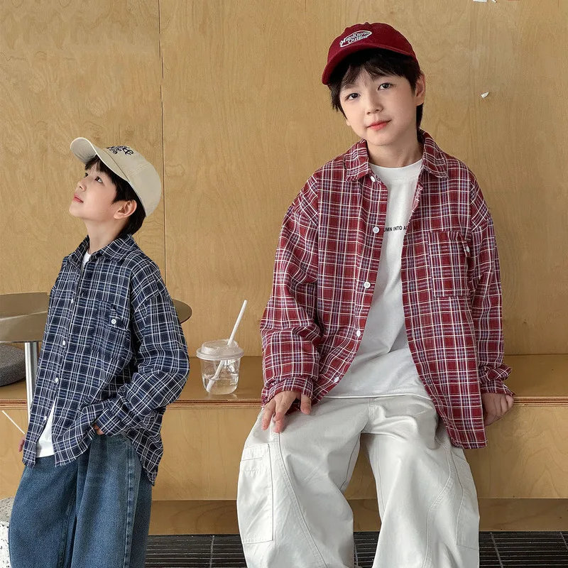 チェック柄長袖ポケットカジュアルシャツ