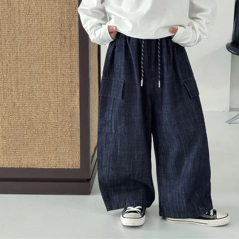 ウエスト紐サイドポケットワイドデニムパンツ
