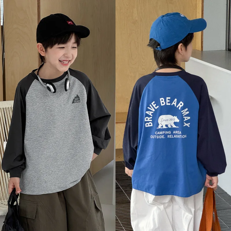 配色ラグランくまバックプリント長袖Tシャツ