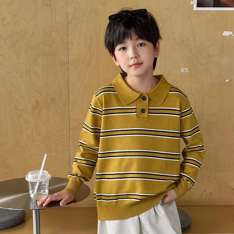 ストライプ柄ポロ襟ニット長袖Tシャツ
