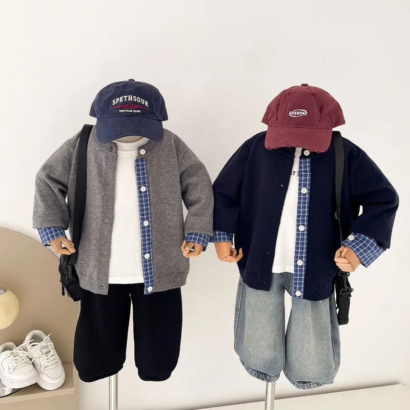 チェックライン切替ニットカーディガン