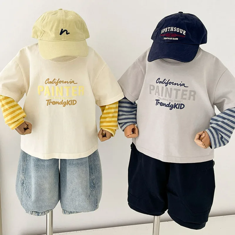 英字ロゴ袖ストライプ切替フェイクレイヤードTシャツ