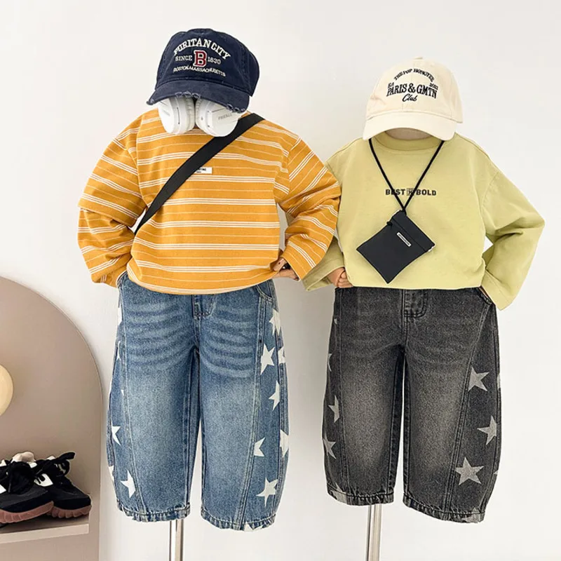 サイドスタープリントストレートデニムパンツ
