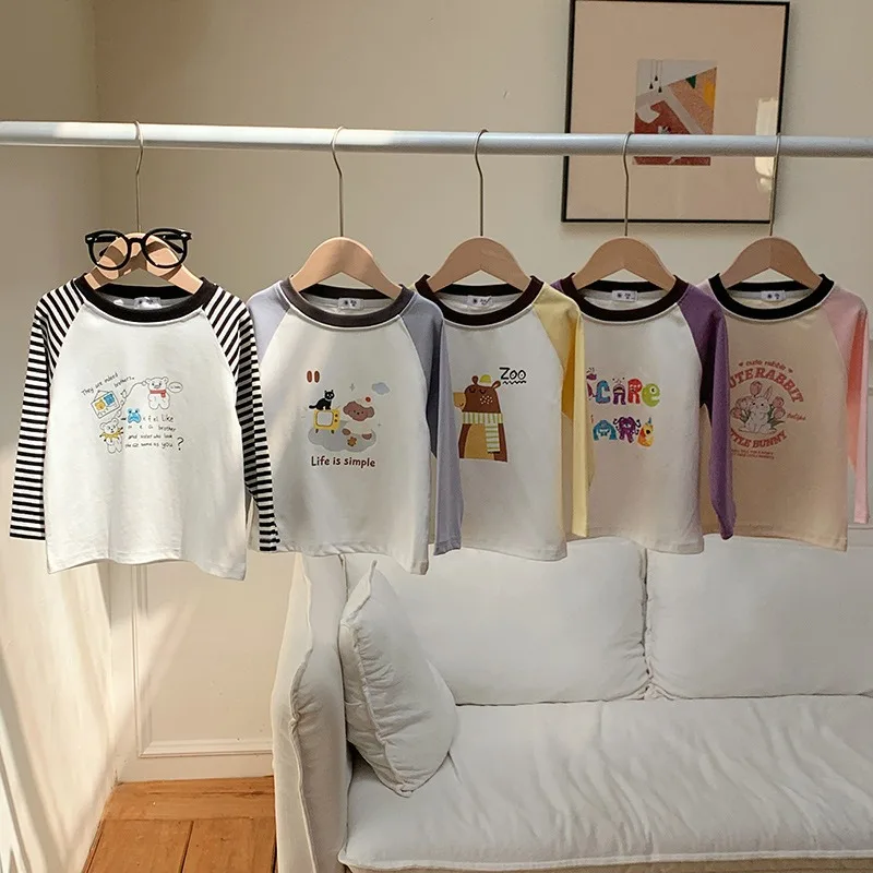 配色ラグラン袖アニマルプリント長袖Tシャツ